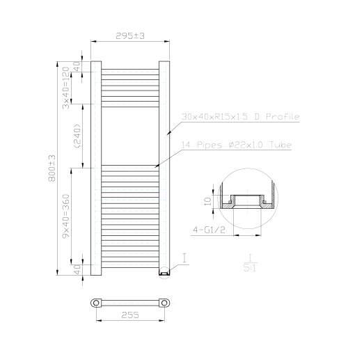 Kartell K-Rail Chrome Straight Bar Heated Towel Rail 300mm x 800mm