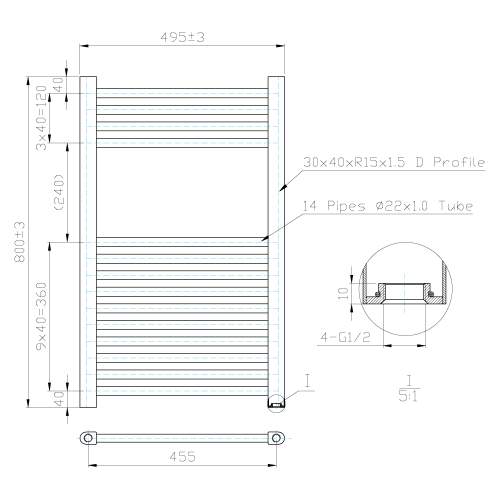 Kartell K-Rail Chrome Straight Bar Heated Towel Rail 500mm x 800mm