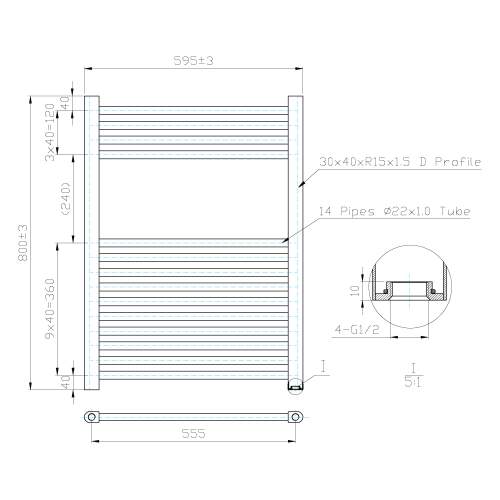 Kartell K-Rail Chrome Straight Bar Heated Towel Rail 600mm x 800mm