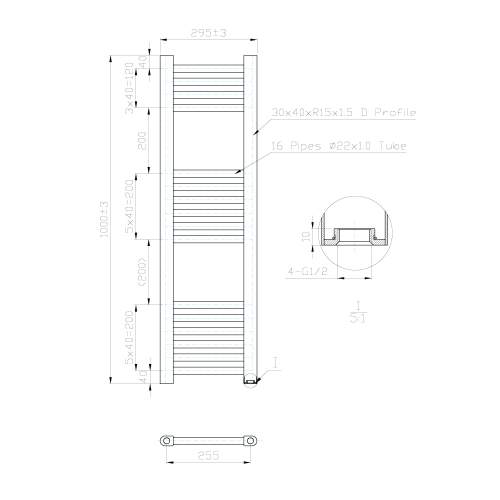 Kartell K-Rail Chrome Straight Bar Heated Towel Rail 300mm x 1000mm