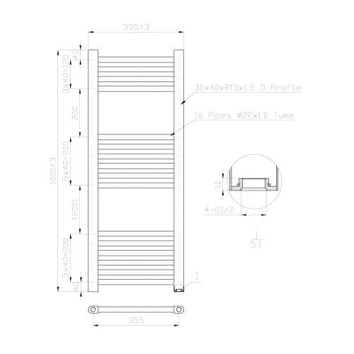 Kartell K-Rail Chrome Straight Bar Heated Towel Rail 400mm x 1000mm