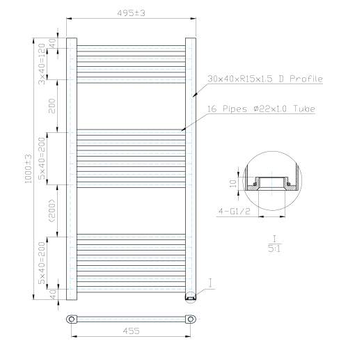 Kartell K-Rail Chrome Straight Bar Heated Towel Rail 500mm x 1000mm