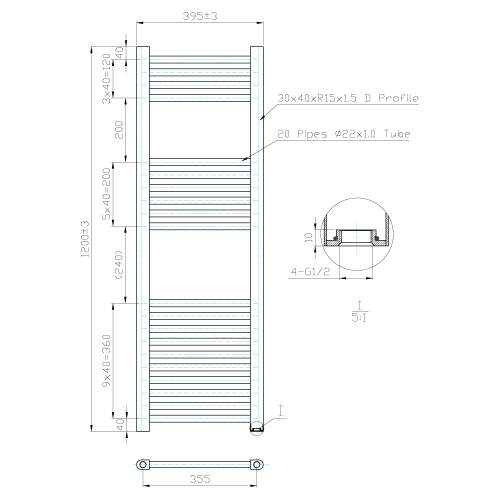 Kartell K-Rail Chrome Straight Bar Heated Towel Rail 400mm x 1200mm