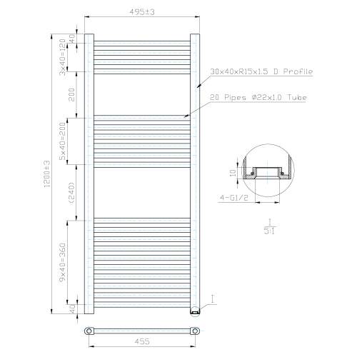 Kartell K-Rail Chrome Straight Bar Heated Towel Rail 500mm x 1200mm