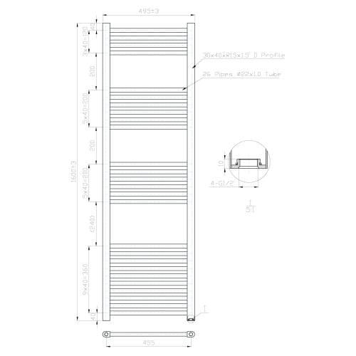 Kartell K-Rail Chrome Straight Bar Heated Towel Rail 500mm x 1600mm