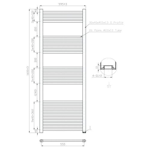 Kartell K-Rail Chrome Straight Bar Heated Towel Rail 600mm x 1600mm