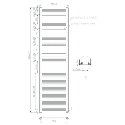 Kartell K-Rail Chrome Straight Bar Heated Towel Rail 500mm x 1800mm