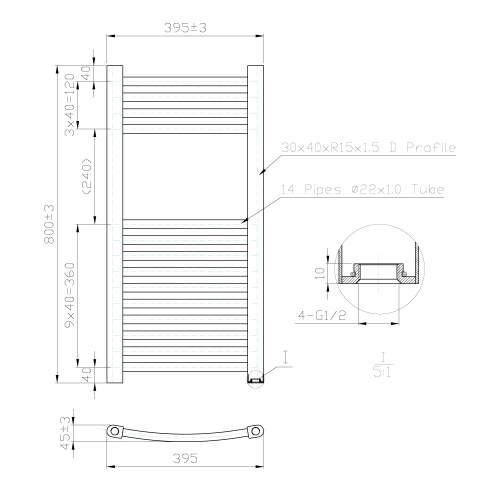 Kartell K-Rail Chrome Curved Bar Heated Towel Rail 400mm x 800mm