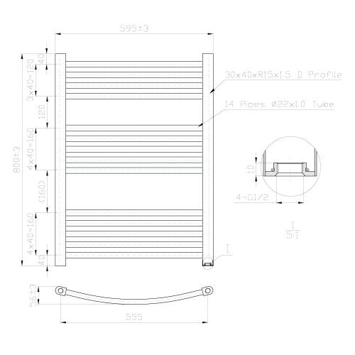 Kartell K-Rail Chrome Curved Bar Heated Towel Rail 600mm x 800mm