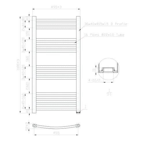 Kartell K-Rail Chrome Curved Bar Heated Towel Rail 500mm x 1000mm