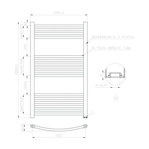 Kartell K-Rail Chrome Curved Bar Heated Towel Rail 600mm x 1000mm