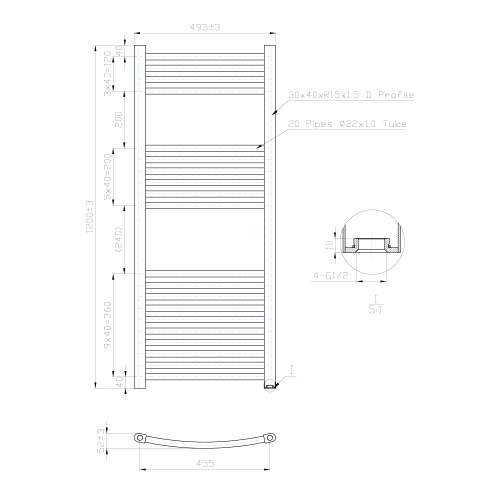 Kartell K-Rail Chrome Curved Bar Heated Towel Rail 500mm x 1200mm