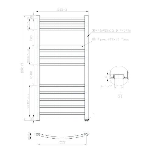 Kartell K-Rail Chrome Curved Bar Heated Towel Rail 600mm x 1200mm