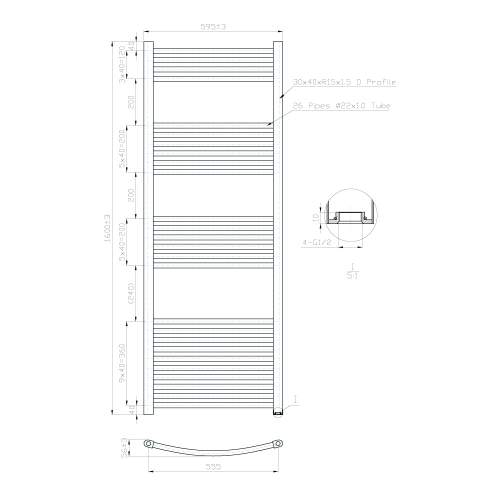 Kartell K-Rail Chrome Curved Bar Heated Towel Rail 600mm x 1600mm