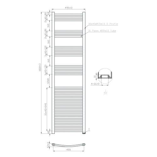 Kartell K-Rail Chrome Curved Bar Heated Towel Rail 500mm x 1800mm