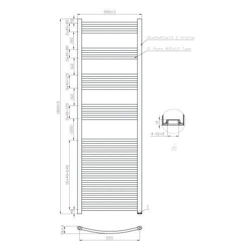 Kartell K-Rail Chrome Curved Bar Heated Towel Rail 600mm x 1800mm