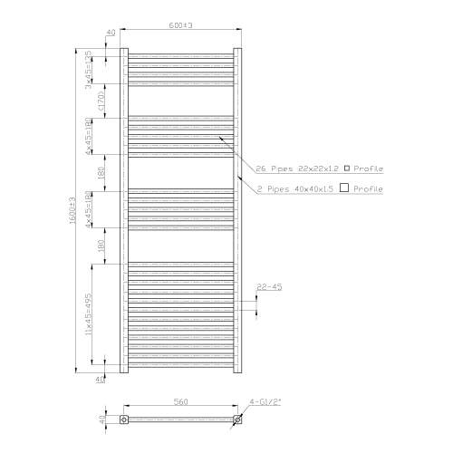 Kartell K-Squared Chrome Heated Towel Rail 600mm x 1600mm