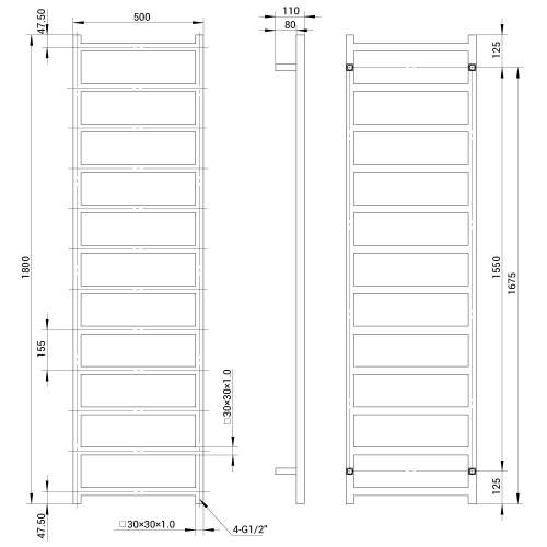 Kartell Connecticut Stainless Steel Heated Towel Rail 500mm x 1800mm