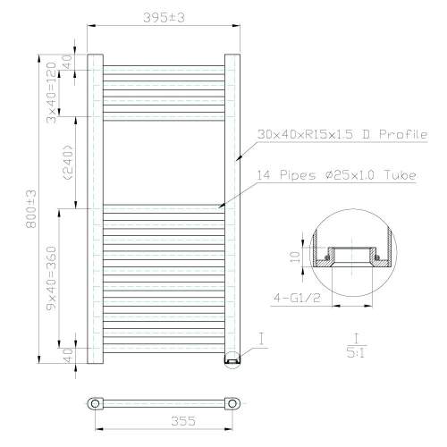 Kartell K-Rail Chrome 25mm Straight Bar Heated Towel Rail 400mm x 800mm