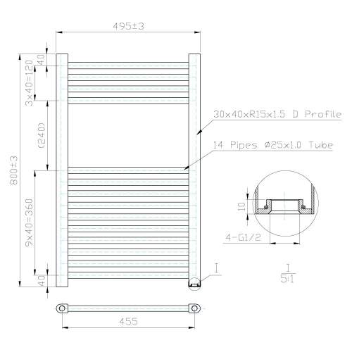 Kartell K-Rail Chrome 25mm Straight Bar Heated Towel Rail 500mm x 800mm