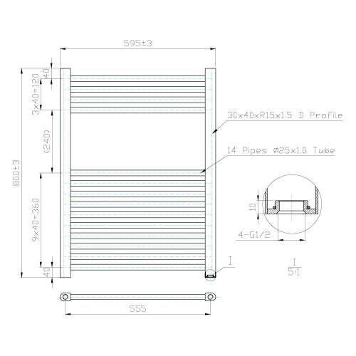 Kartell K-Rail Chrome 25mm Straight Bar Heated Towel Rail 600mm x 800mm