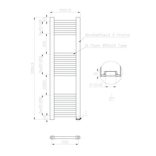 Kartell K-Rail Chrome 25mm Straight Bar Heated Towel Rail 300mm x 1000mm