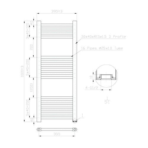 Kartell K-Rail Chrome 25mm Straight Bar Heated Towel Rail 400mm x 1000mm