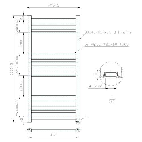 Kartell K-Rail Chrome 25mm Straight Bar Heated Towel Rail 500mm x 1000mm