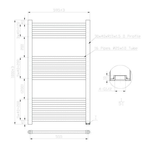 Kartell K-Rail Chrome 25mm Straight Bar Heated Towel Rail 600mm x 1000mm