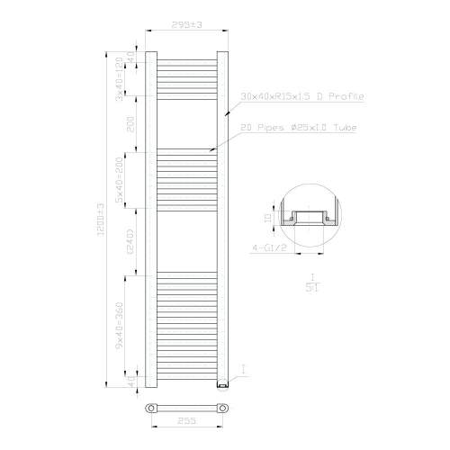 Kartell K-Rail Chrome 25mm Straight Bar Heated Towel Rail 300mm x 1200mm