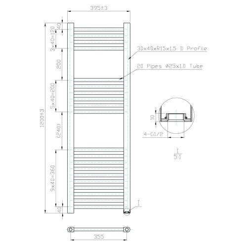 Kartell K-Rail Chrome 25mm Straight Bar Heated Towel Rail 400mm x 1200mm