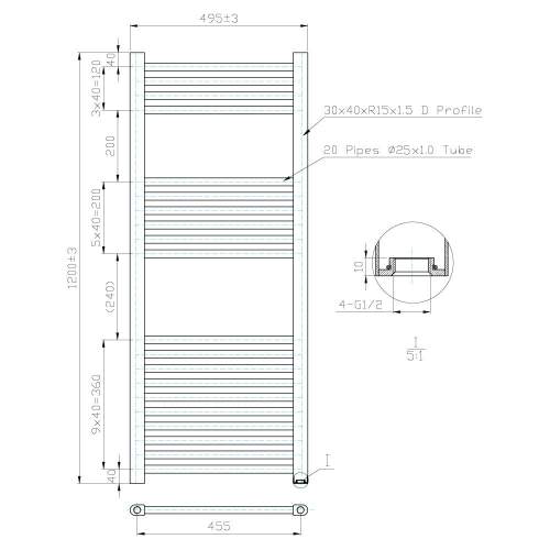 Kartell K-Rail Chrome 25mm Straight Bar Heated Towel Rail 500mm x 1200mm