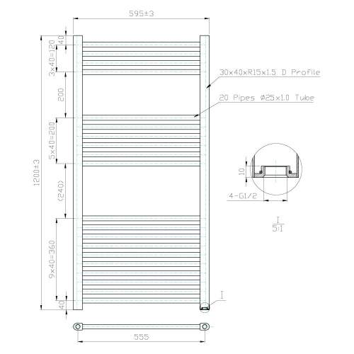 Kartell K-Rail Chrome 25mm Straight Bar Heated Towel Rail 600mm x 1200mm