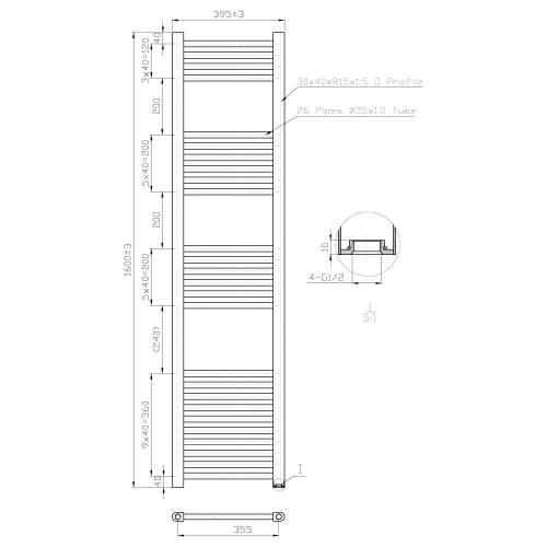 Kartell K-Rail Chrome 25mm Straight Bar Heated Towel Rail 400mm x 1600mm