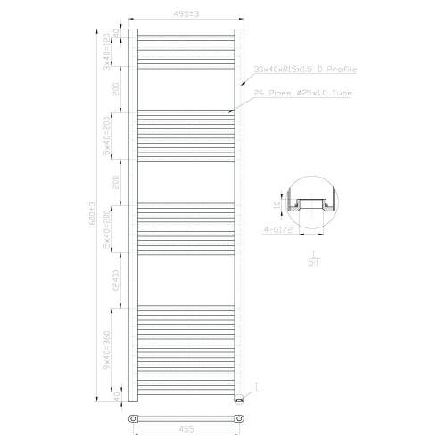 Kartell K-Rail Chrome 25mm Straight Bar Heated Towel Rail 500mm x 1600mm