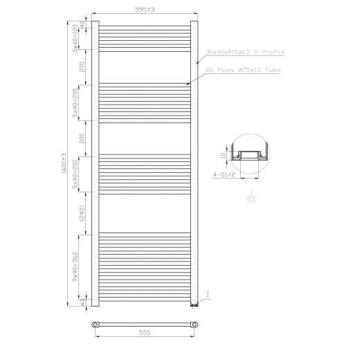 Kartell K-Rail Chrome 25mm Straight Bar Heated Towel Rail 600mm x 1600mm