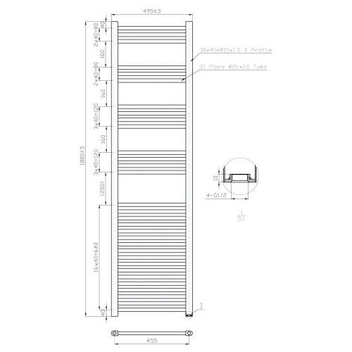 Kartell K-Rail Chrome 25mm Straight Bar Heated Towel Rail 500mm x 1800mm