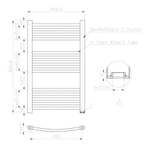 Kartell K-Rail Chrome 25mm Curved Bar Heated Towel Rail 500mm x 800mm