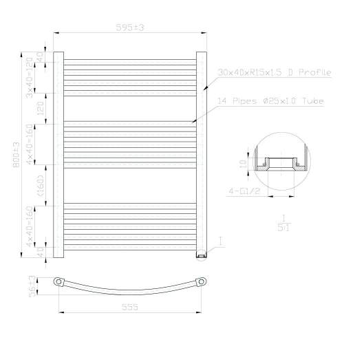 Kartell K-Rail Chrome 25mm Curved Bar Heated Towel Rail 600mm x 800mm