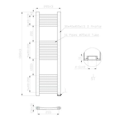 Kartell K-Rail Chrome 25mm Curved Bar Heated Towel Rail 300mm x 1000mm