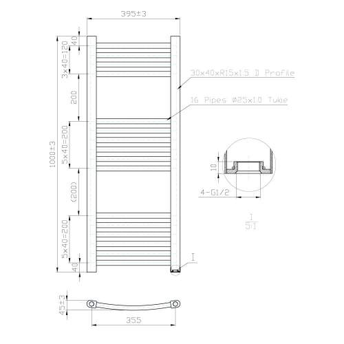 Kartell K-Rail Chrome 25mm Curved Bar Heated Towel Rail 400mm x 1000mm