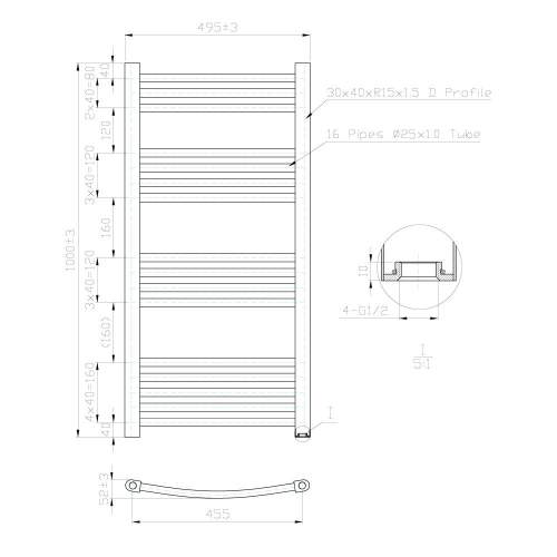 Kartell K-Rail Chrome 25mm Curved Bar Heated Towel Rail 500mm x 1000mm