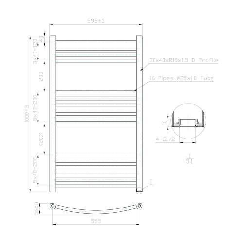 Kartell K-Rail Chrome 25mm Curved Bar Heated Towel Rail 600mm x 1000mm