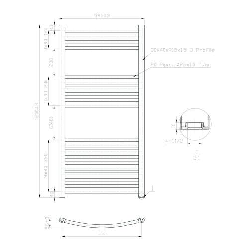 Kartell K-Rail Chrome 25mm Curved Bar Heated Towel Rail 600mm x 1200mm