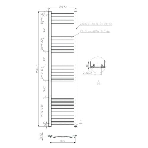 Kartell K-Rail Chrome 25mm Curved Bar Heated Towel Rail 400mm x 1600mm