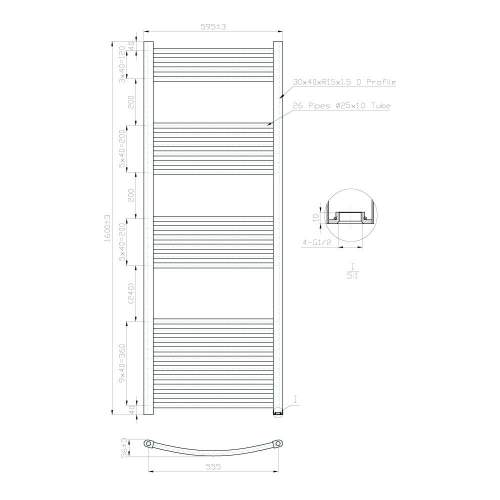 Kartell K-Rail Chrome 25mm Curved Bar Heated Towel Rail 600mm x 1600mm