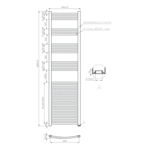 Kartell K-Rail Chrome 25mm Curved Bar Heated Towel Rail 500mm x 1800mm