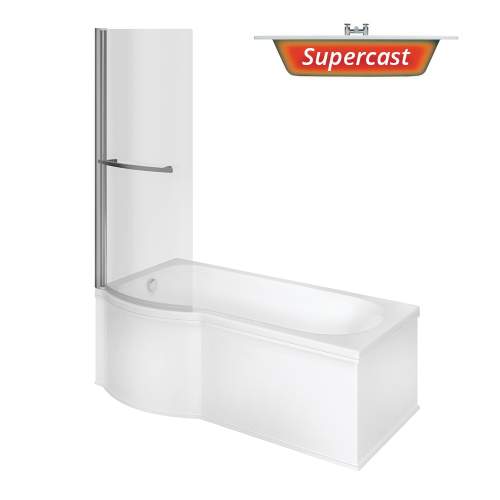 Bluci Ascoli P Shape 1700mm Supercast Shower Bath with Front Panel and Shower Screen