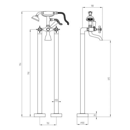 Bluci Salerno Chrome Traditional Crosshead Lever Floor Standing Bath Shower Mixer