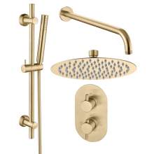 Bluci Brushed Brass Two Outlet Shower Valve with Riser Arm Head and Handset
